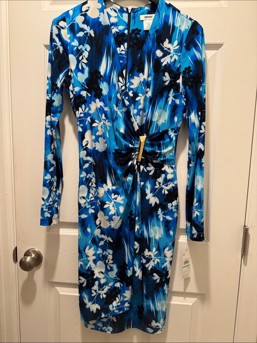 DKNY Blue White and Black Floral Faux-Wrap Long Sleeve Dress